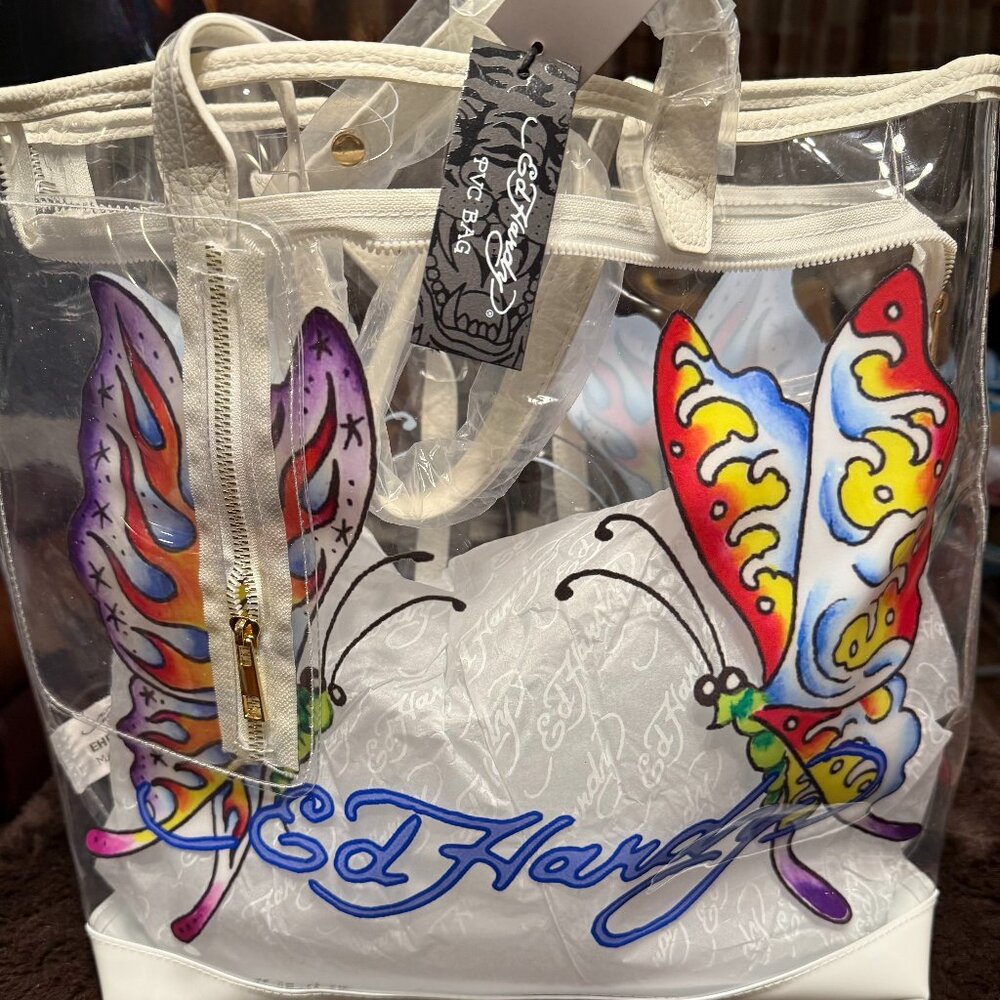 Ed Hardy Graphic Purple Butterfly Clear Tote Bag NWT